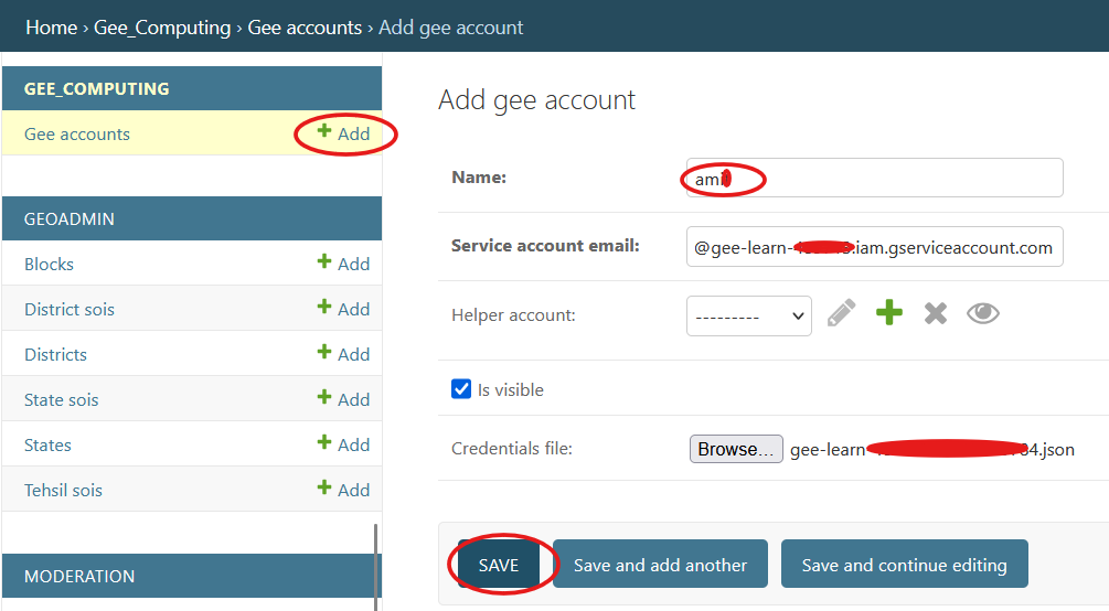 Create a GEE account record in Django admin