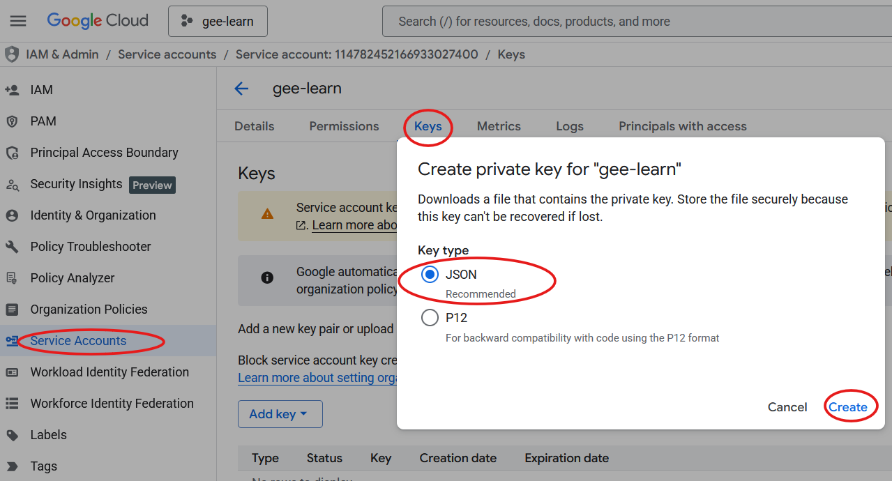 Download a service account JSON key